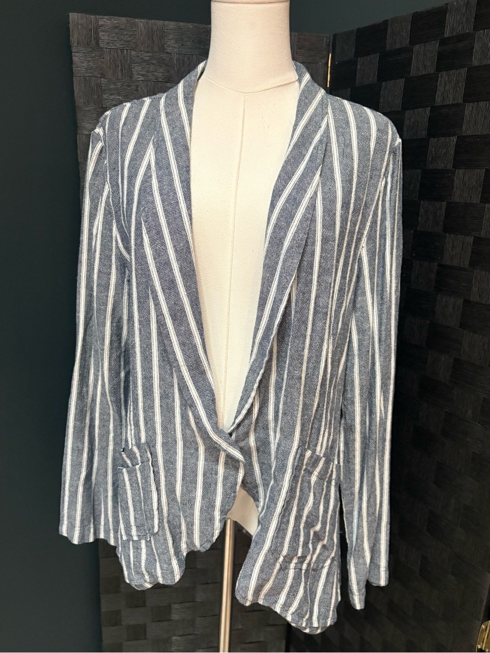 Sanctuary Linen Blend Striped Boyfriend Blazer Navy Cream Single Button